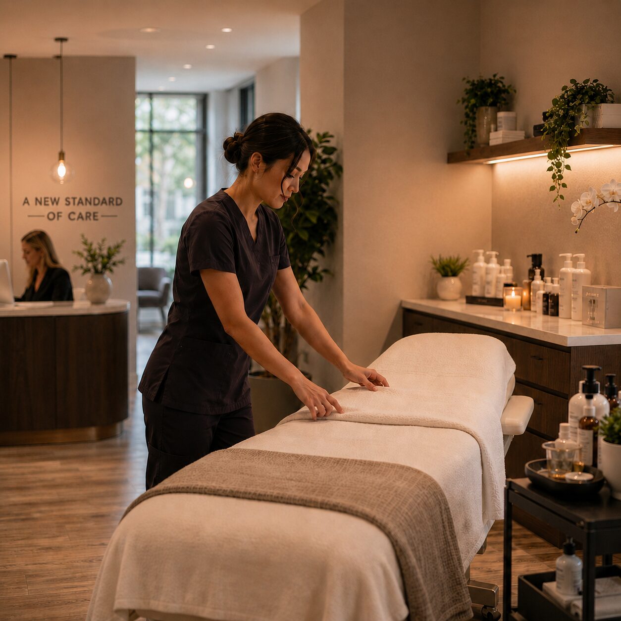 Refined medspa interior with treatment room and reception